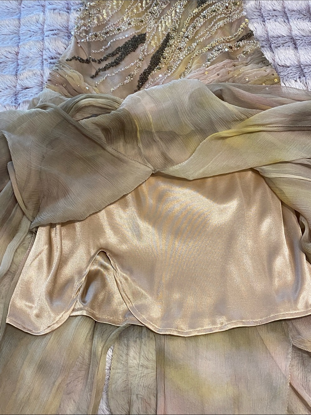Sue Wong Beaded High-Low Flowy Silk Gown in Yellowish Green Champagne Hues - Picture 9 of 12